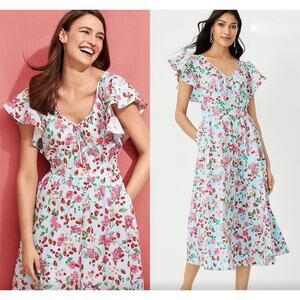 NWOT Ann Taylor Strawberry Cherry Flutter Sleeve Flare Midi Dress Size 6 Petites